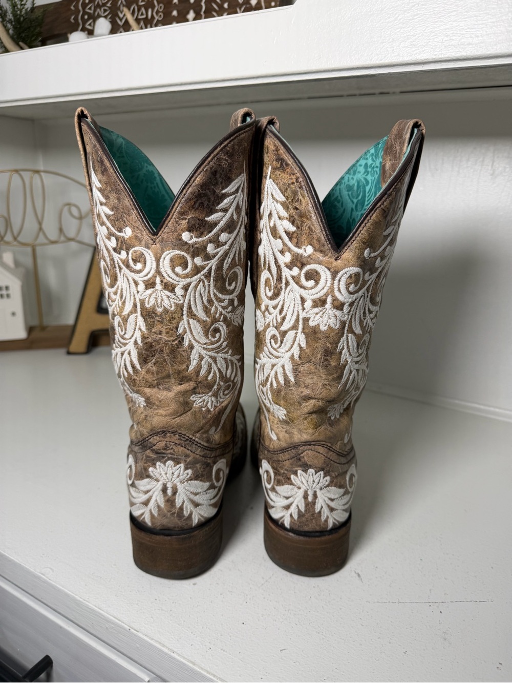 Corral Boots Womens 7.5M Brown White Embroidered Cowboy Boots Western Floral - Picture 5 of 9